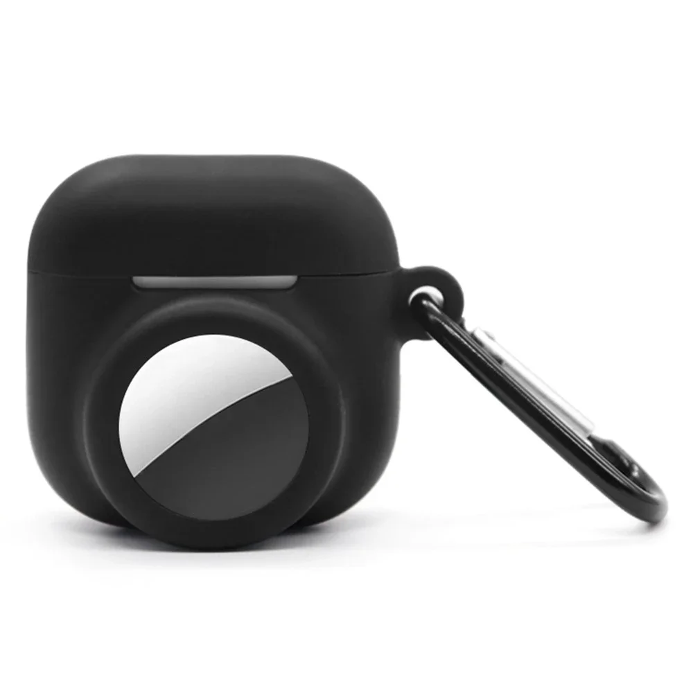 Apple AirPods 4/AirTag Silikondeksel med AirTag-holder + karabinkrok, Svart Apple AirPods 4/AirTag Silikondeksel med AirTag-holder + karabinkrok, Svart