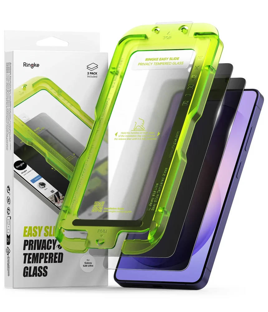 Ringke Samsung Galaxy S26 Ultra Anti-spy Skjermbeskytter i glass med monteringsram (2-pack)