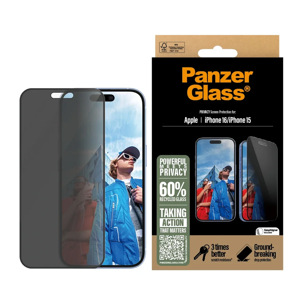 PanzerGlass iPhone 15 Privacy skjermbeskytter med installasjonsramme - Ultra Wide Fit