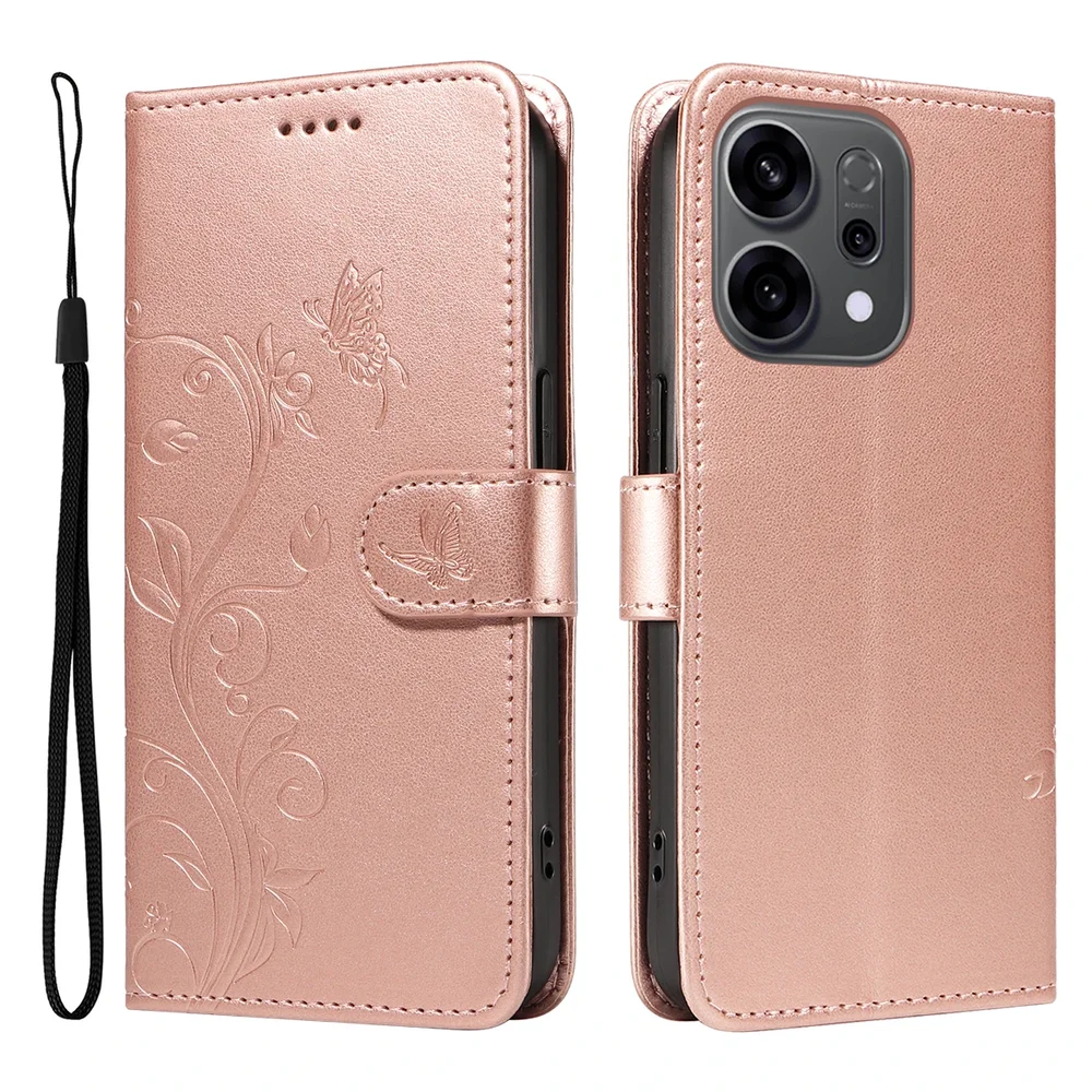 Oppo Reno 14 Mobiletui med sommerfugler, Rosegull Oppo Reno 14 Mobiletui med sommerfugler, Rosegull