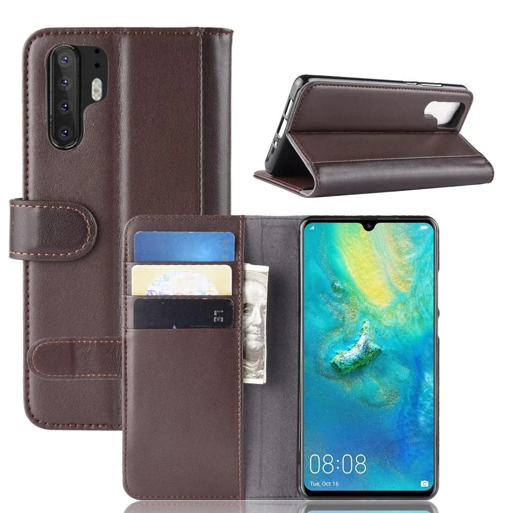 Huawei P30 Pro Lommeboketui i ekte skinn, Brun Huawei P30 Pro Lommeboketui i ekte skinn, Brun