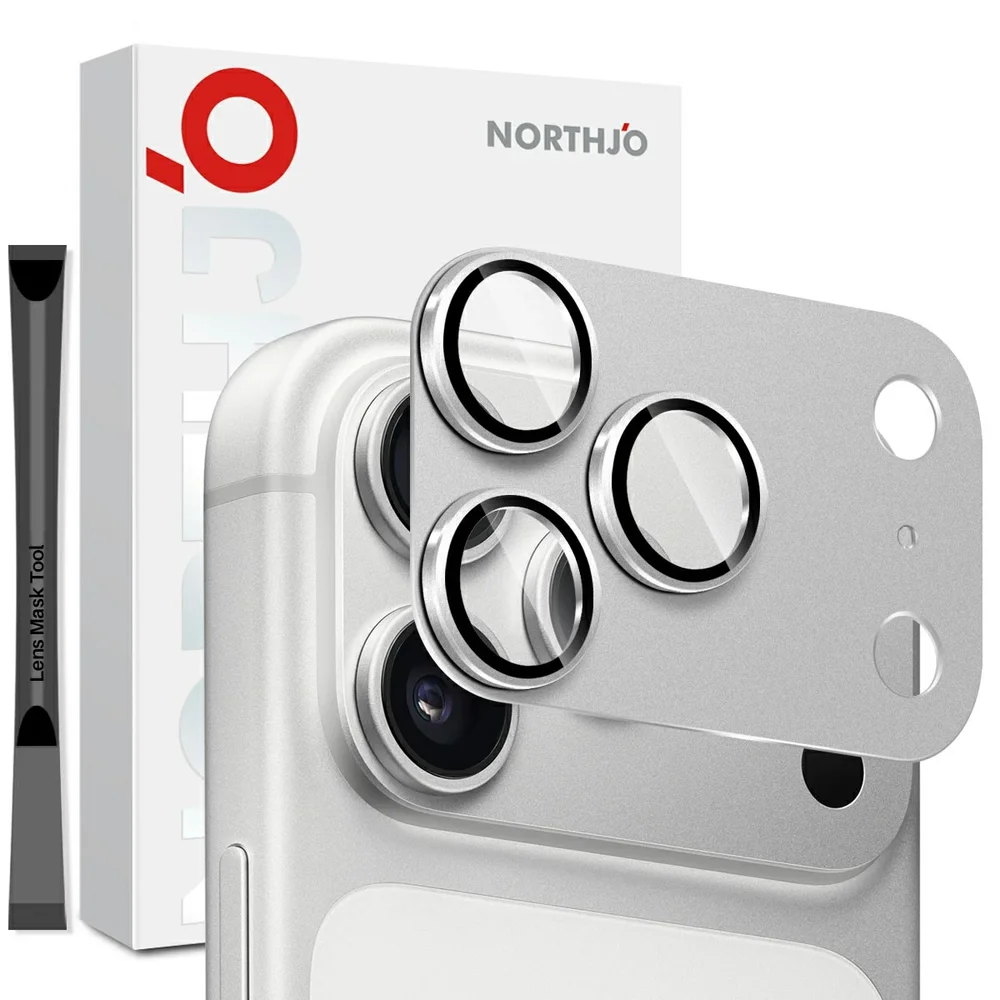 NORTHJO iPhone 18 Pro Max Kamerabeskyttelse herdet glass med metallramme, Sølv