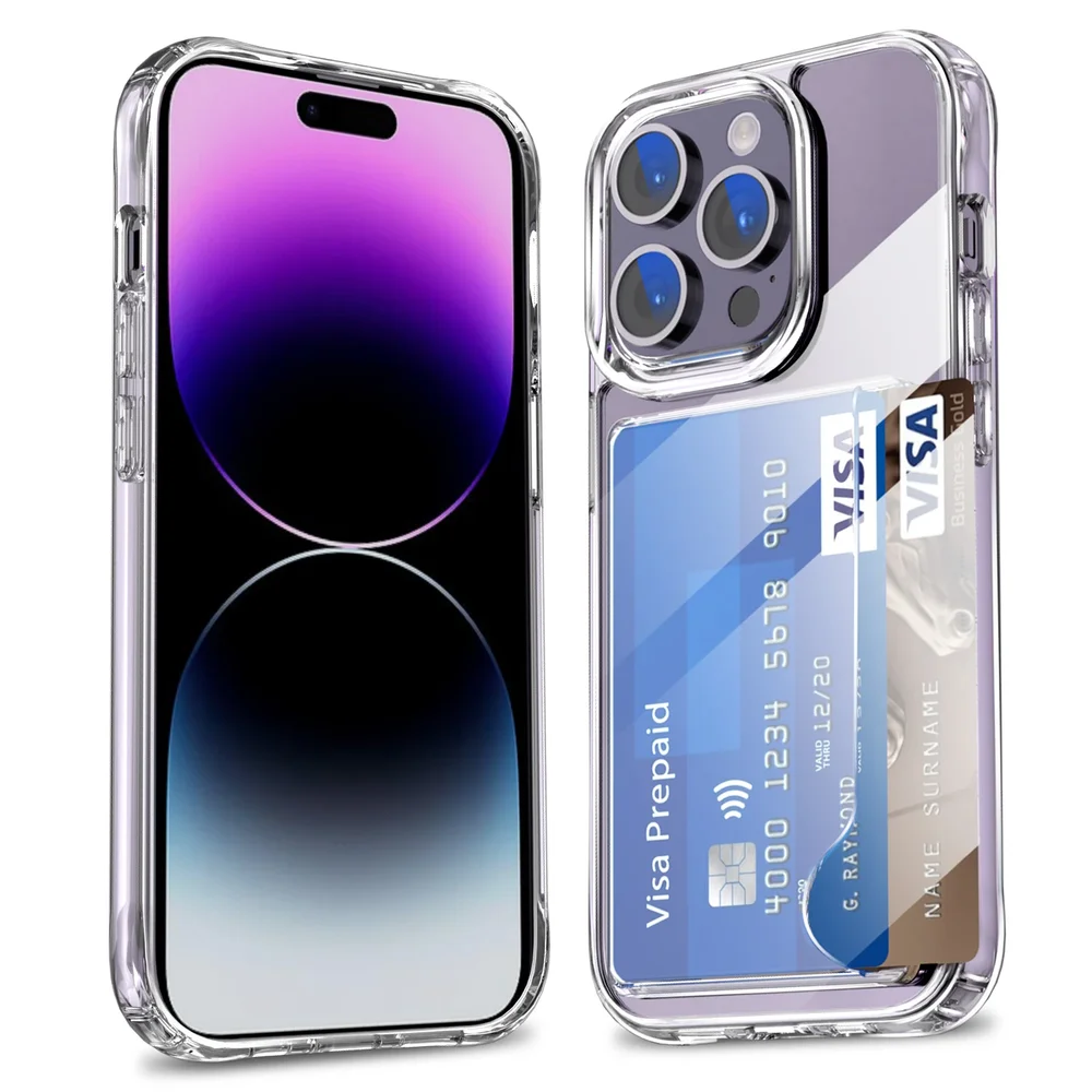 iPhone 15 Pro Max Hybriddeksel med innebygd kortlomme, Gjennomsiktig iPhone 15 Pro Max Hybriddeksel med innebygd kortlomme, Gjennomsiktig