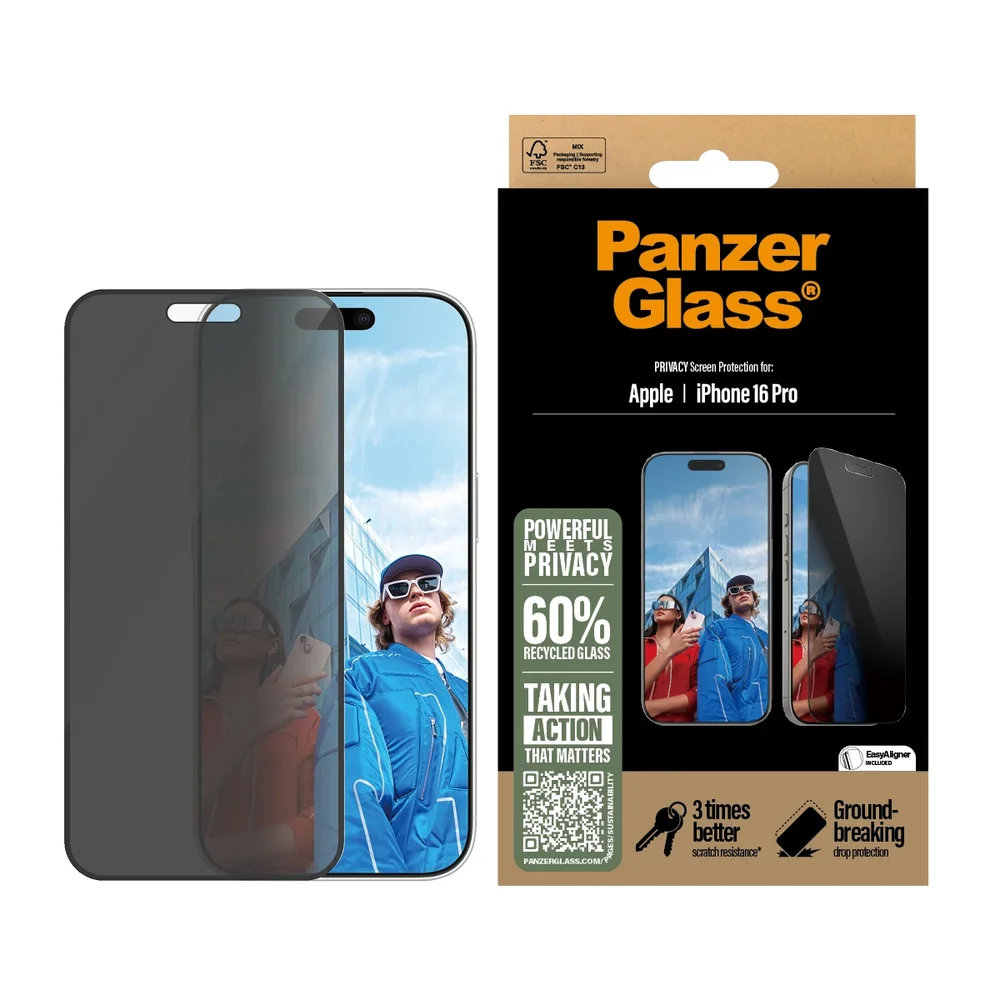 PanzerGlass iPhone 16 Pro Privacy skjermbeskytter med installasjonsramme - Ultra Wide Fit
