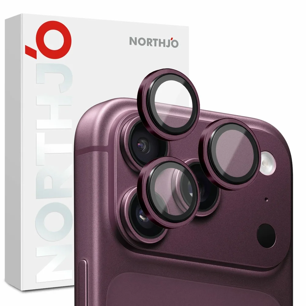 NORTHJO iPhone 18 Pro Linsebeskytter i herdet glass med aluminiumsramme Dark Cherry