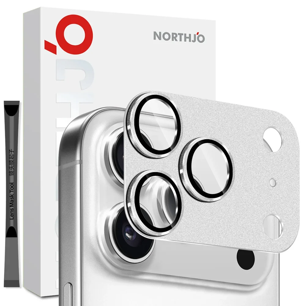 NORTHJO iPhone 17 Pro Max Kamerabeskyttelse herdet glass med metallramme, Sølv