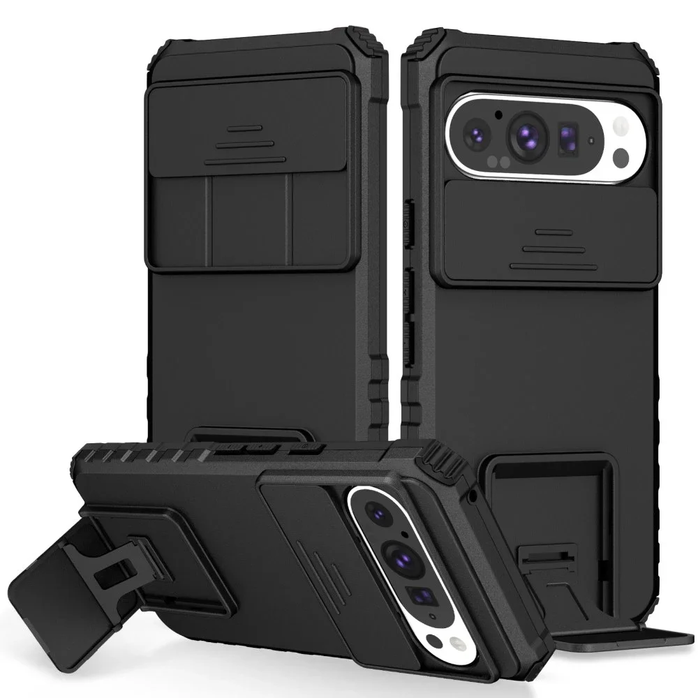Google Pixel 9 Pro Deksel med kickstand & kameralinsebeskyttelse, Svart Google Pixel 9 Pro Deksel med kickstand & kameralinsebeskyttelse, Svart
