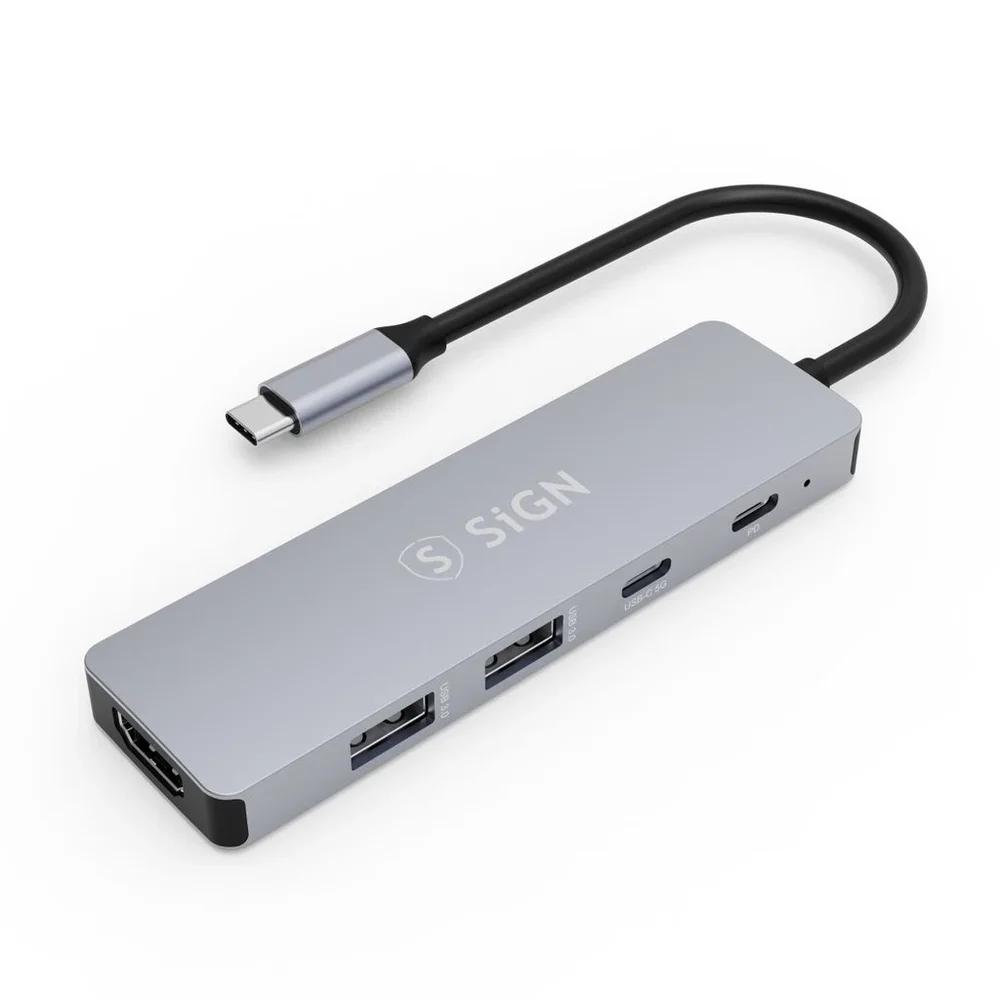 SiGN USB-C 5-i-1 hubb med 2x USB-A + HDMI + USB-C + PD, Grå SiGN USB-C 5-i-1 hubb med 2x USB-A + HDMI + USB-C + PD, Grå