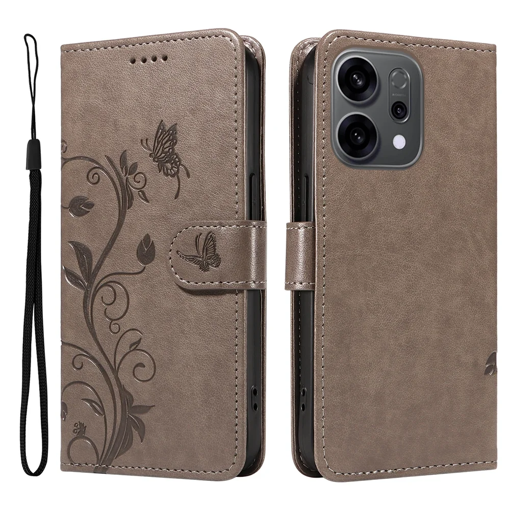 Oppo Reno 14 F Mobiletui med sommerfugler, Grå Oppo Reno 14 F Mobiletui med sommerfugler, Grå