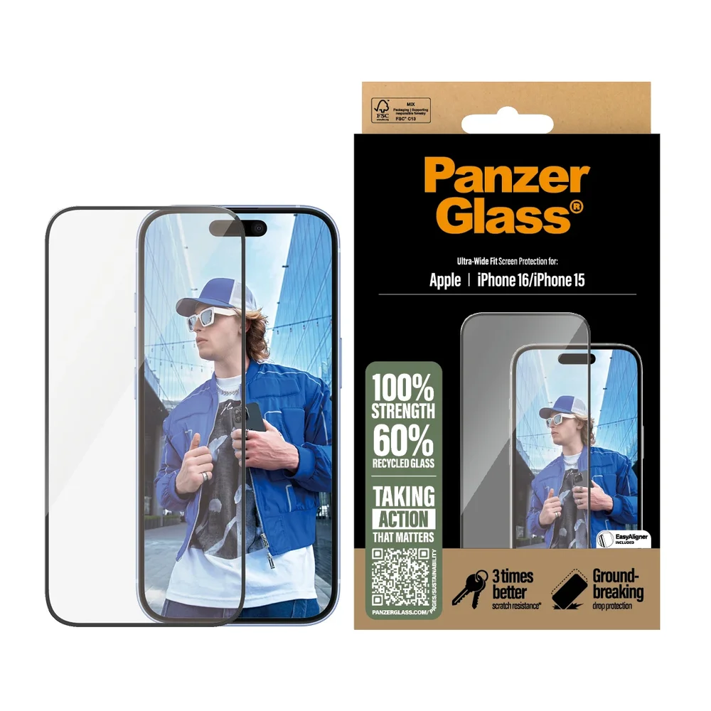 PanzerGlass iPhone 16 Skjermbeskytter med installasjonsramme - Ultra Wide Fit