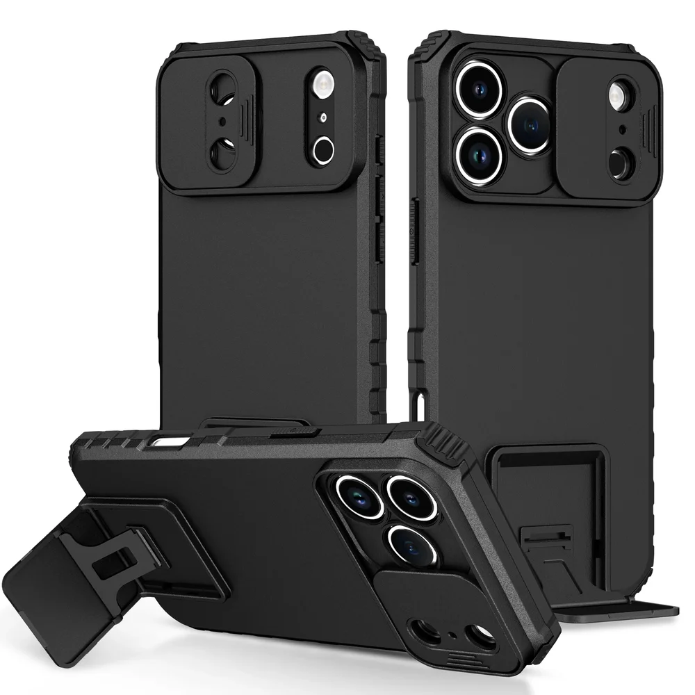 iPhone 18 Pro Deksel med kickstand & kameralinsebeskyttelse, Svart