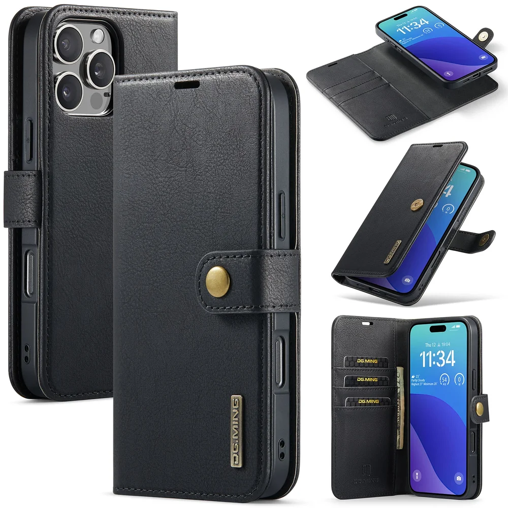 DG.MING iPhone 16 Pro Max Lommeboketui med avtakbart deksel, Black