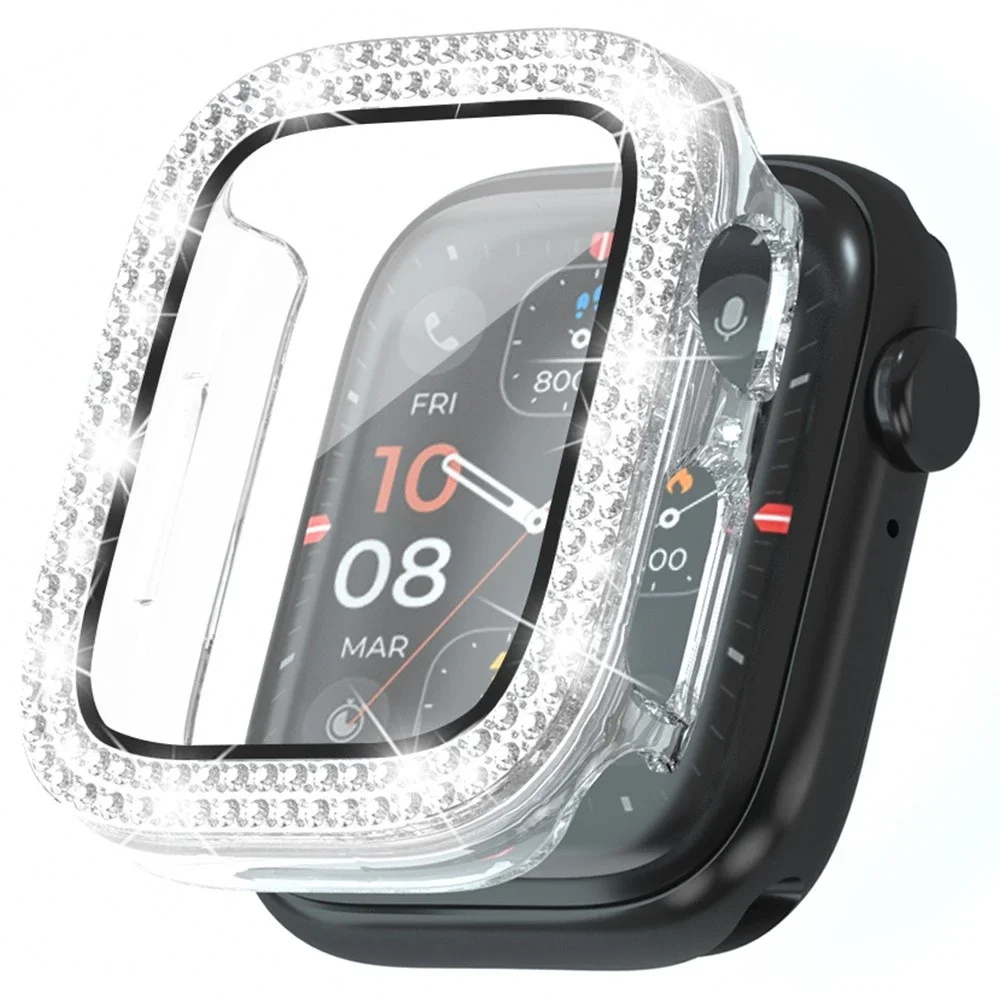 Apple Watch SE 3 44mm Heldekkende deksel med innebygd skjermbeskytter og steiner, Gjennomsiktig