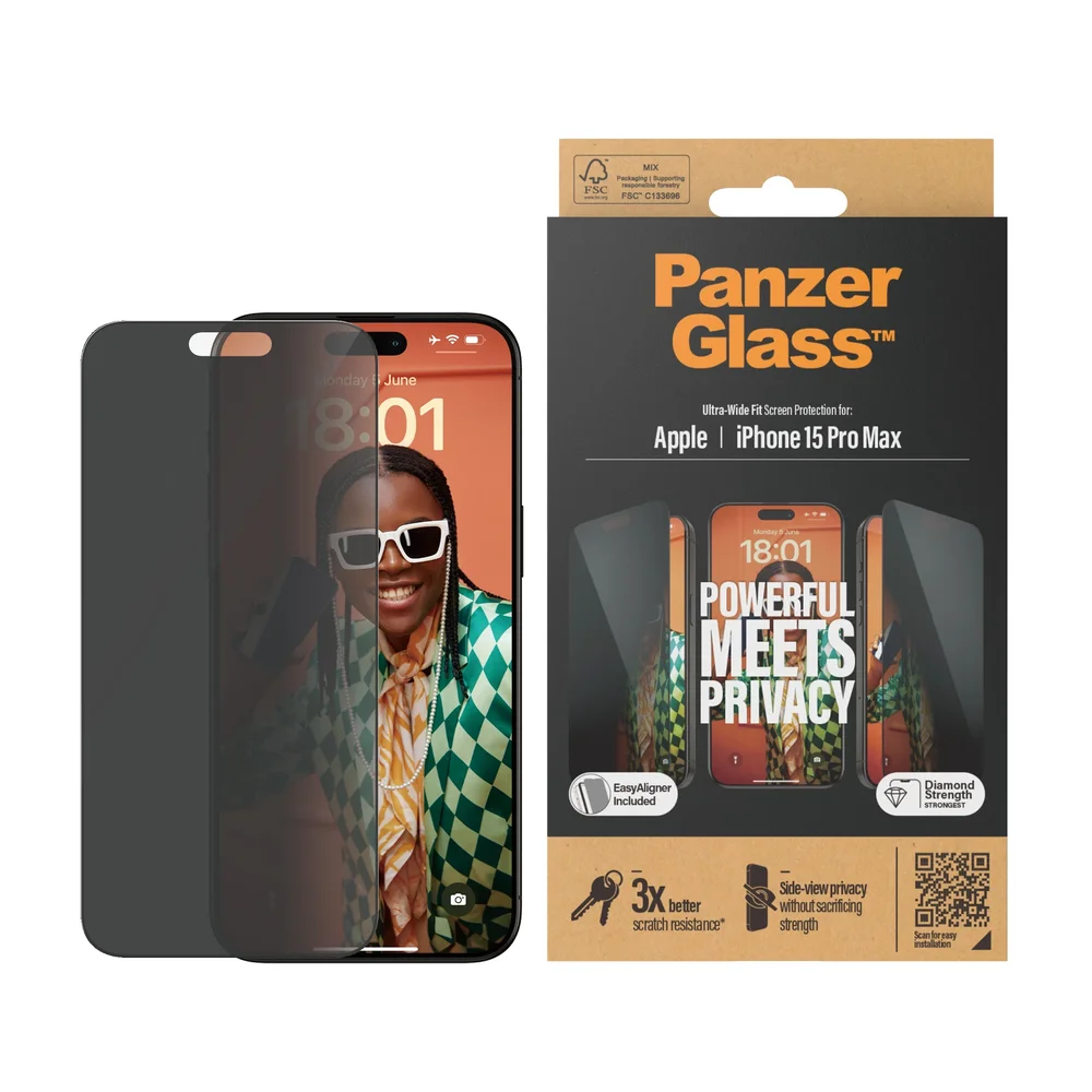 PanzerGlass iPhone 15 Pro Max Privacy skjermbeskytter med installasjonsramme - Ultra Wide Fit