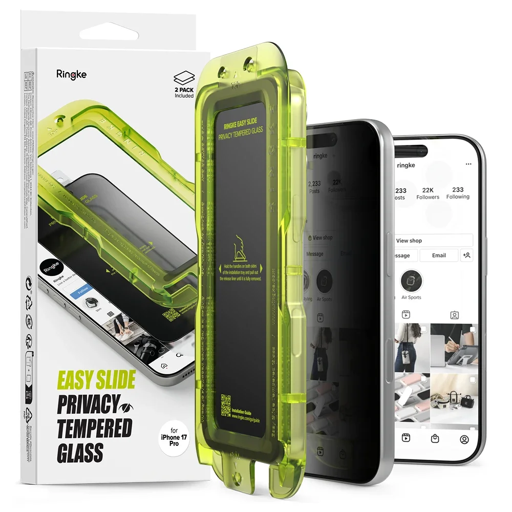 Ringke iPhone 17 Pro Anti-spy Skjermbeskytter i glass med monteringsram (2-pack)