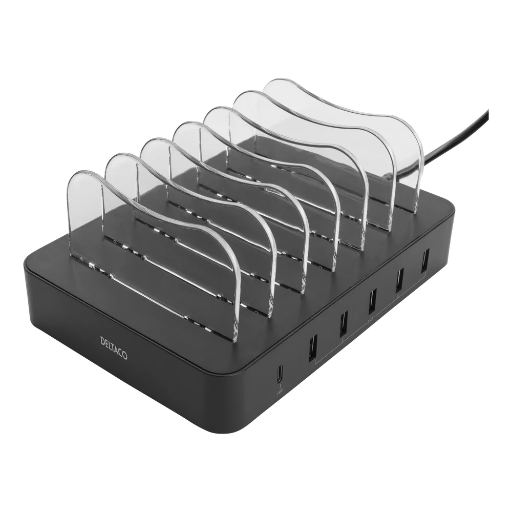 Deltaco Ladestasjon 5x USB-A + 1x USB-C 50W, Svart