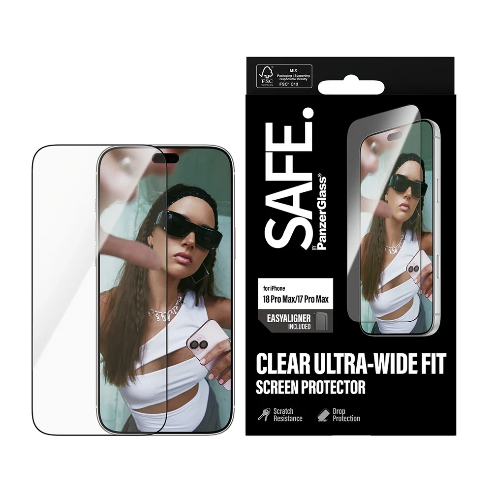 SAFE. by PanzerGlass iPhone 18 Pro Max Skjermbeskytter i glass med installasjonsramme - Ultra Wide Fit
