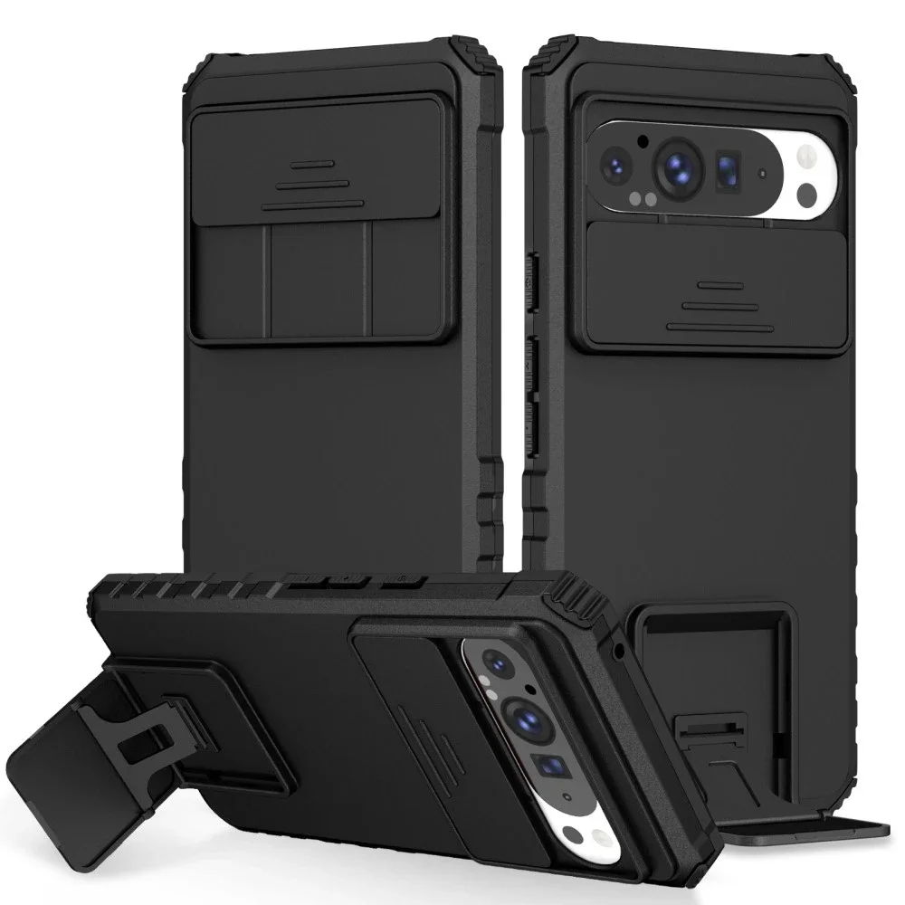 Google Pixel 9 Pro XL Deksel med kickstand & kameralinsebeskyttelse, Svart Google Pixel 9 Pro XL Deksel med kickstand & kameralinsebeskyttelse, Svart