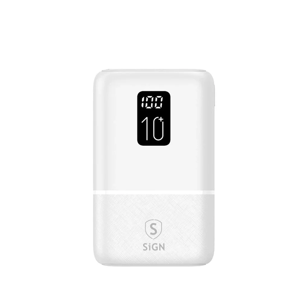 SiGN Mini Powerbank QC 10000mAh med display og trippel utgang, Hvit