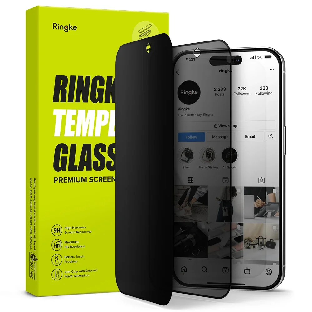 Ringke iPhone 15 Pro Anti-spy skjermbeskytter i glass med monteringsverktøy