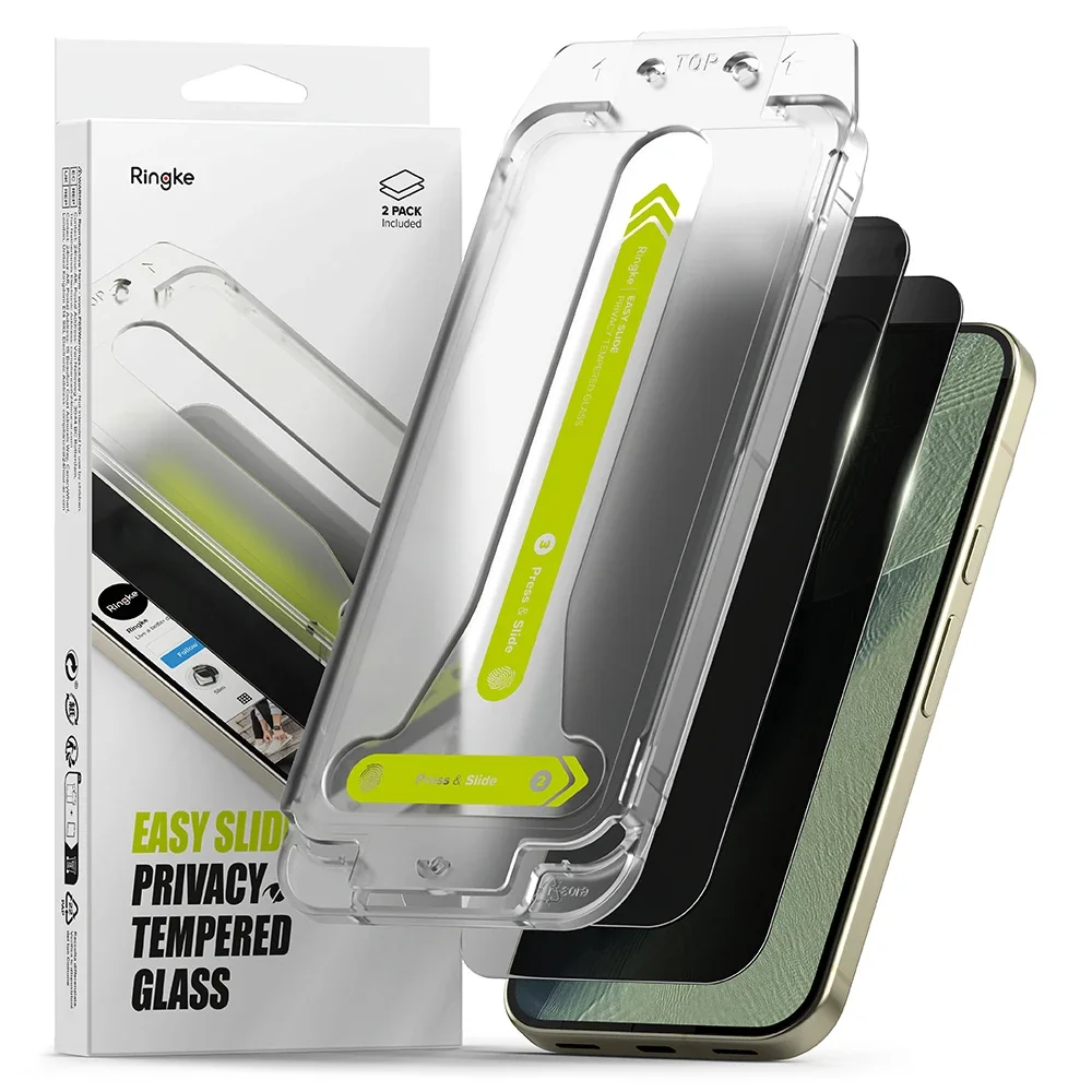 Ringke Google Pixel 9 Pro Anti-spy Skjermbeskytter i glass med monteringsram (2-pack)