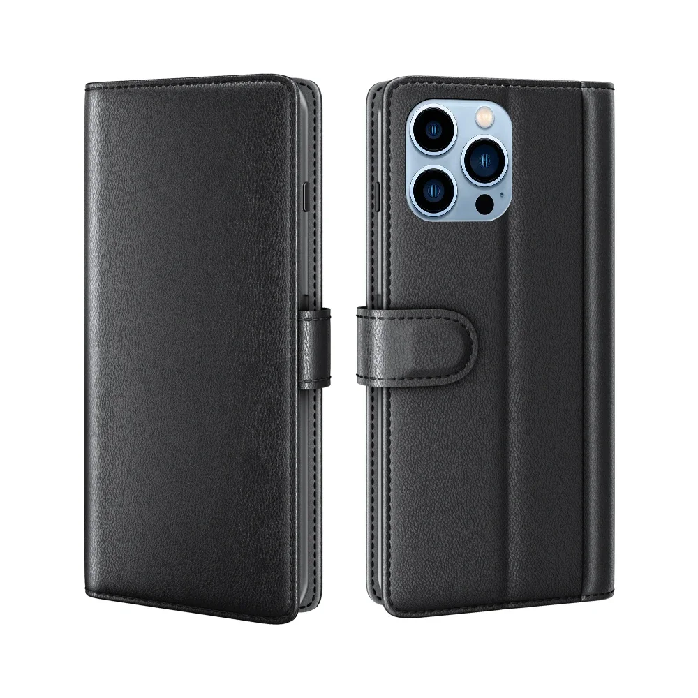 iPhone 14 Pro Max Lommeboketui i ekte skinn, Svart iPhone 14 Pro Max Lommeboketui i ekte skinn, Svart
