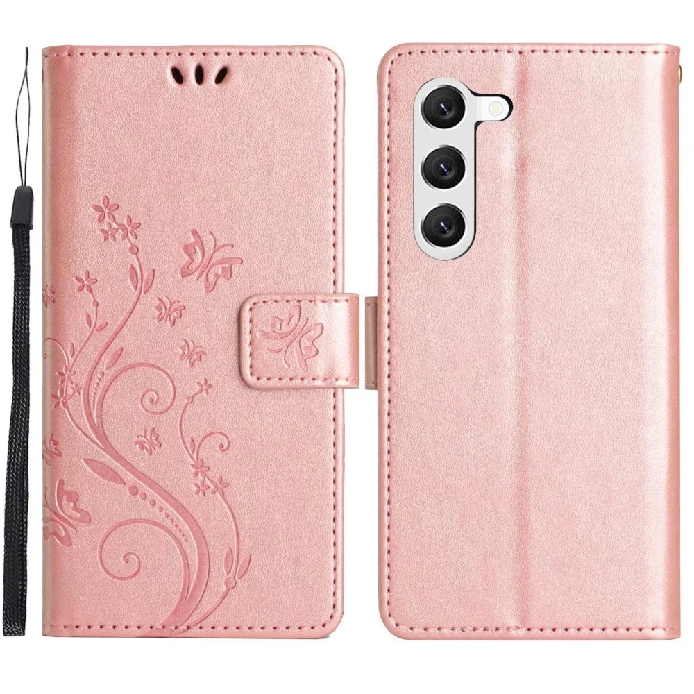 Samsung Galaxy S23 Mobiletui med sommerfugler, Rosa gull