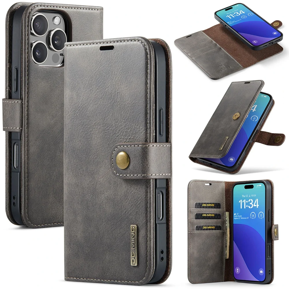 DG.MING iPhone 16 Pro Lommeboketui med avtakbart deksel, Brown