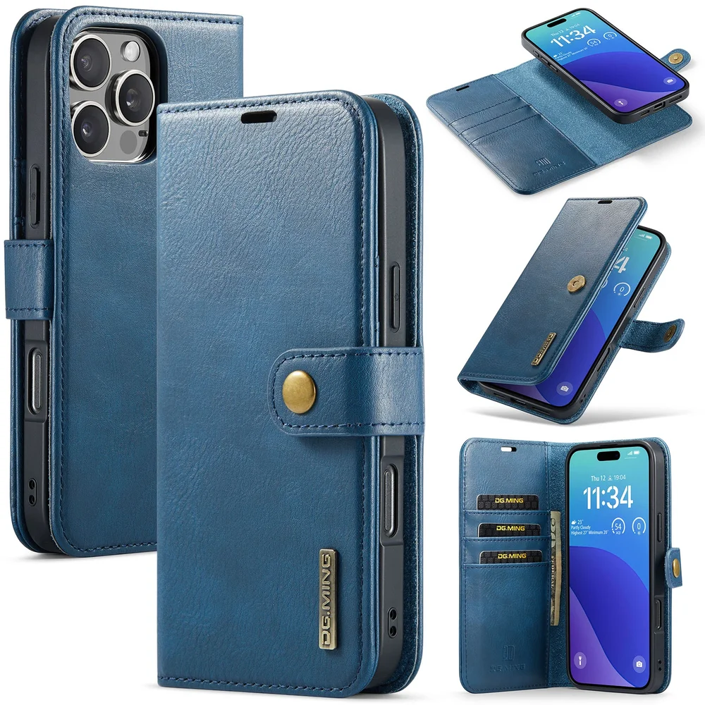 DG.MING iPhone 16 Pro Lommeboketui med avtakbart deksel, Blue DG.MING iPhone 16 Pro Lommeboketui med avtakbart deksel, Blue