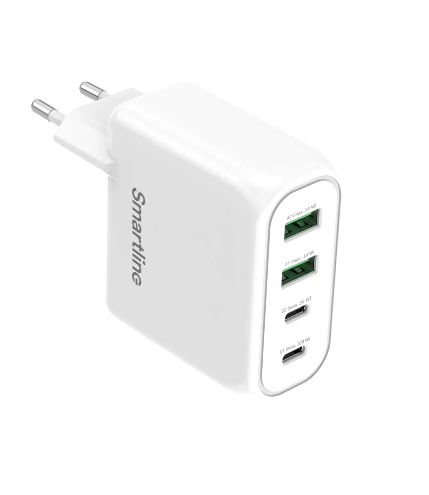 Smartline Vegglader 100W Power Deliery 2x USB-C & 2x USB-A, Hvit
