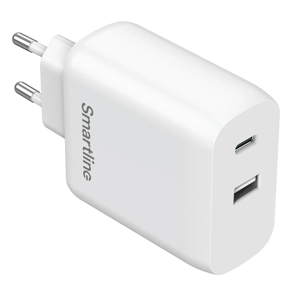 Smartline Vegglader Dobbel Port USB-C & USB-A 65W PD, Hvit