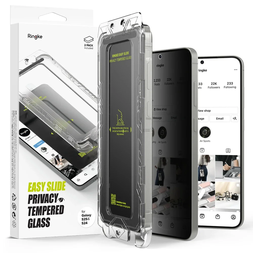 Ringke Samsung Galaxy S25 Anti-spy Skjermbeskytter i glass med monteringsram (2-pack)