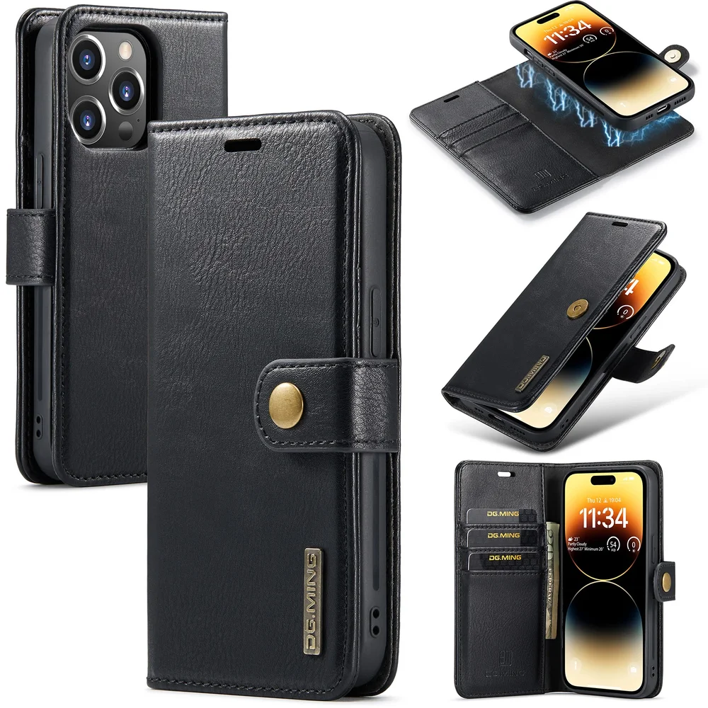 DG.MING iPhone 15 Pro Lommeboketui med avtakbart deksel, Black DG.MING iPhone 15 Pro Lommeboketui med avtakbart deksel, Black