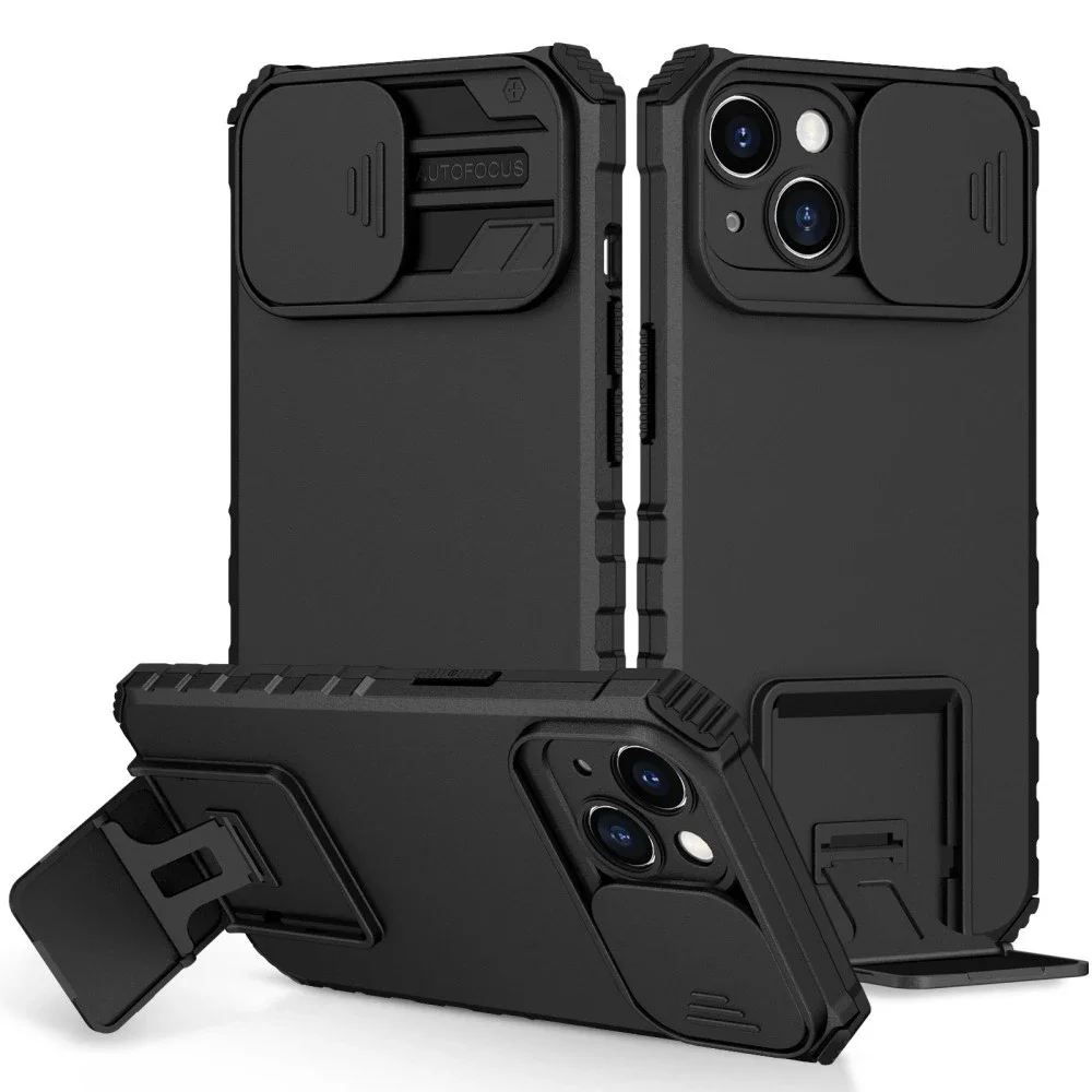 iPhone 14 Deksel med kickstand & kameralinsebeskyttelse, Svart