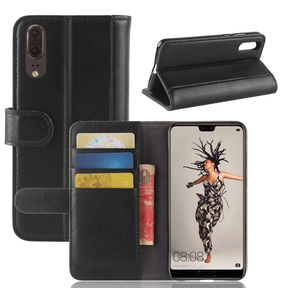Huawei P20 Lommeboketui i ekte skinn, Svart Huawei P20 Lommeboketui i ekte skinn, Svart