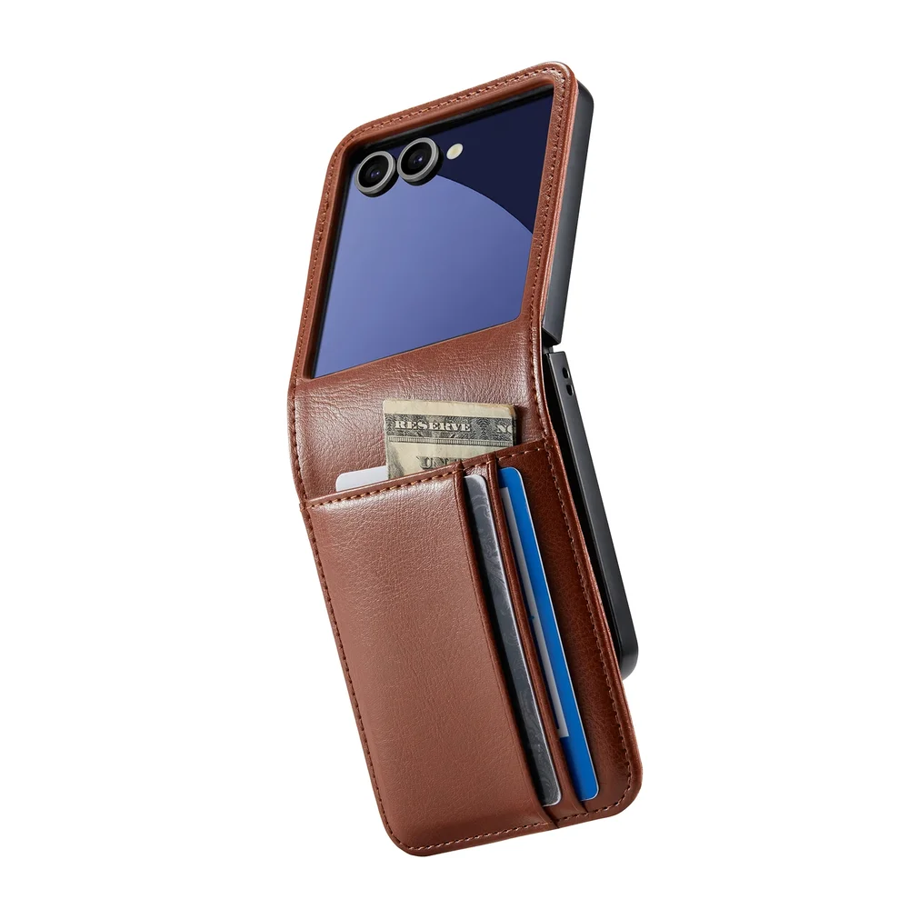 Mobique Samsung Galaxy Z Flip 8 Lommeboketui i ekte skinn, Cognac