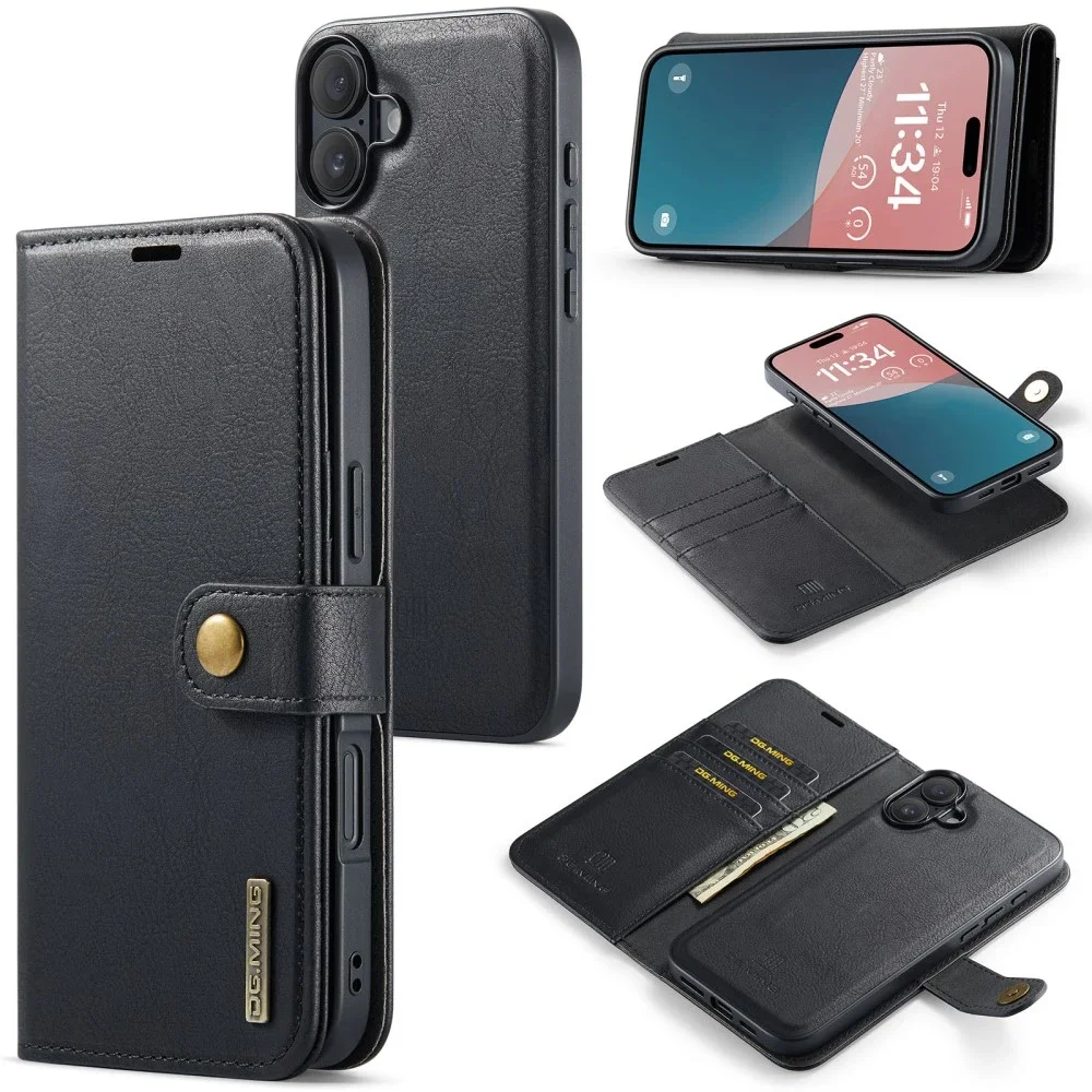 DG.MING iPhone 16 Lommeboketui med avtakbart deksel, Black DG.MING iPhone 16 Lommeboketui med avtakbart deksel, Black