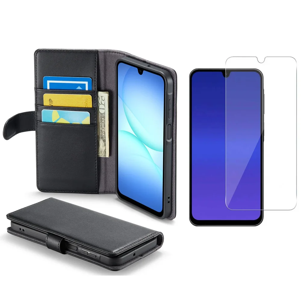 Mobique Samsung Galaxy A18 Læretui + Skjermbeskytter herdet glass Svart
