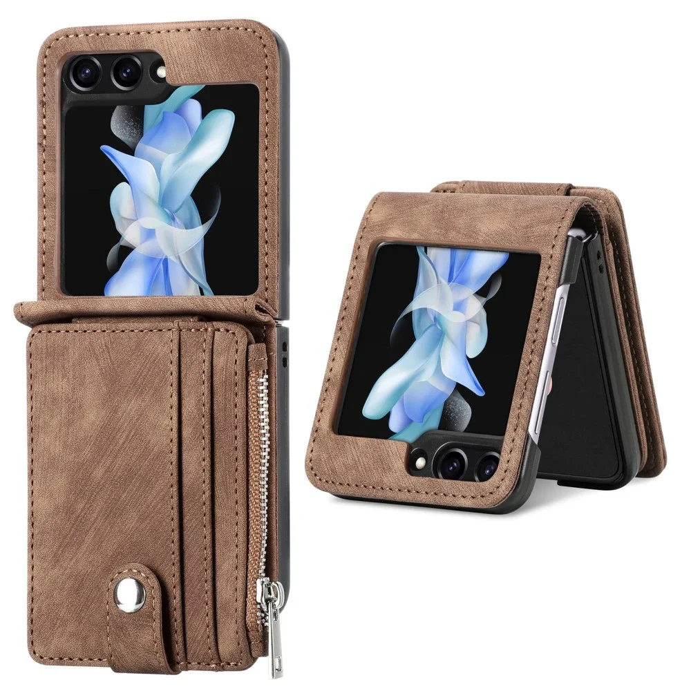 Samsung Galaxy Z Flip 5 Lommeboketui med kortlommer og glidelås Brun Samsung Galaxy Z Flip 5 Lommeboketui med kortlommer og glidelås Brun