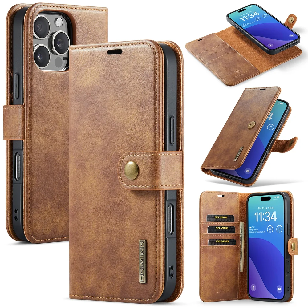 DG.MING iPhone 16 Pro Max Lommeboketui med avtakbart deksel, Cognac