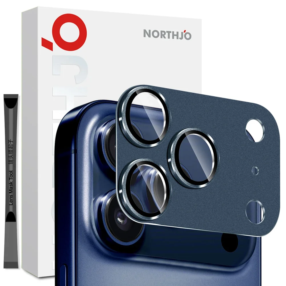 NORTHJO iPhone 17 Pro Max Kamerabeskyttelse herdet glass med metallramme, Blå