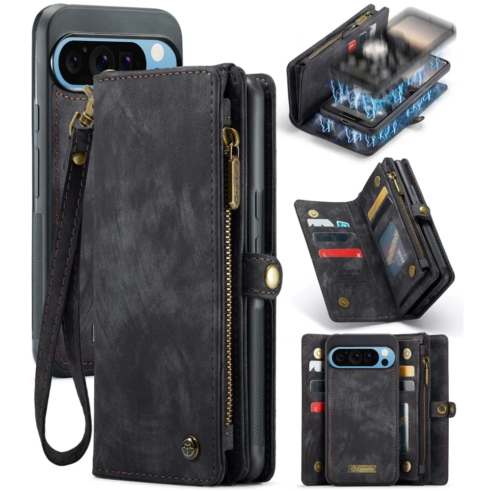 CaseMe Google Pixel 9 Pro XL Romslig lommeboketui med mange kortlommer, Grå CaseMe Google Pixel 9 Pro XL Romslig lommeboketui med mange kortlommer, Grå