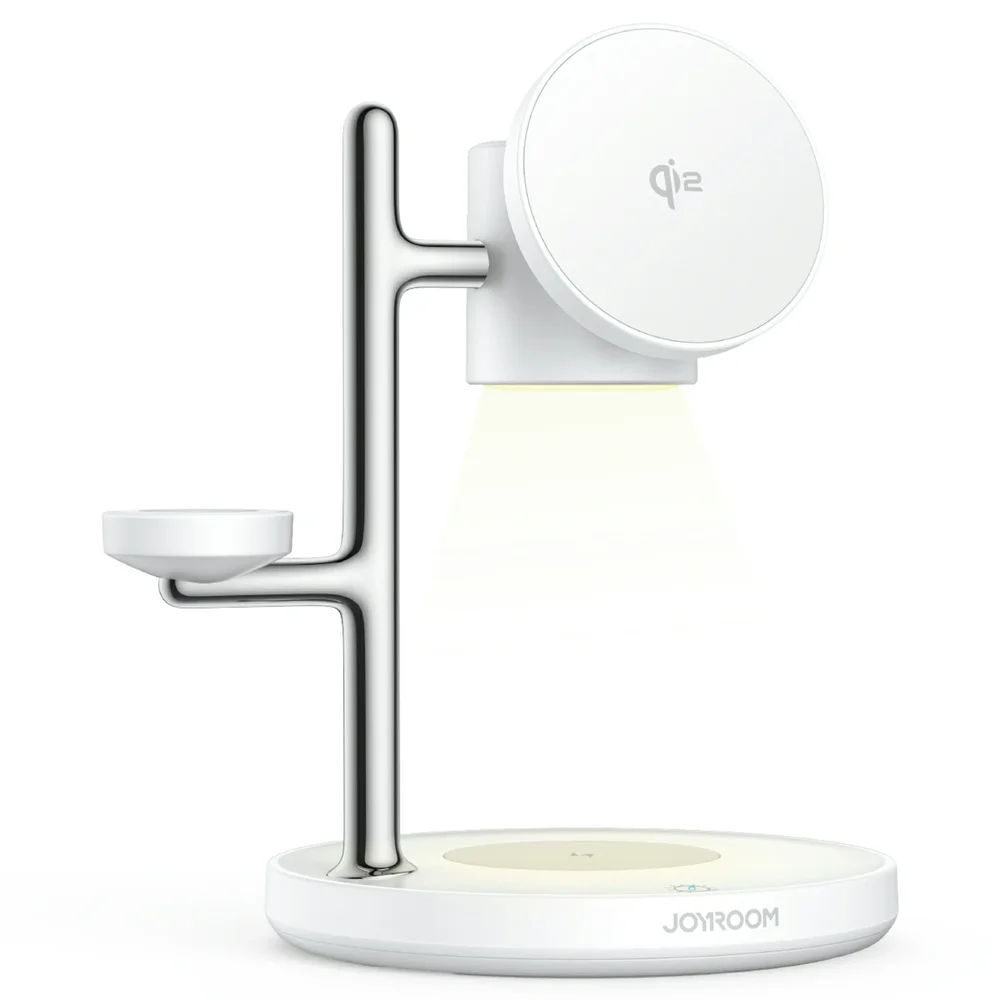 Joyroom 4-i-1 Trådløs magnetisk Ladestativ Qi2 med nattlampe, Hvit Joyroom 4-i-1 Trådløs magnetisk Ladestativ Qi2 med nattlampe, Hvit