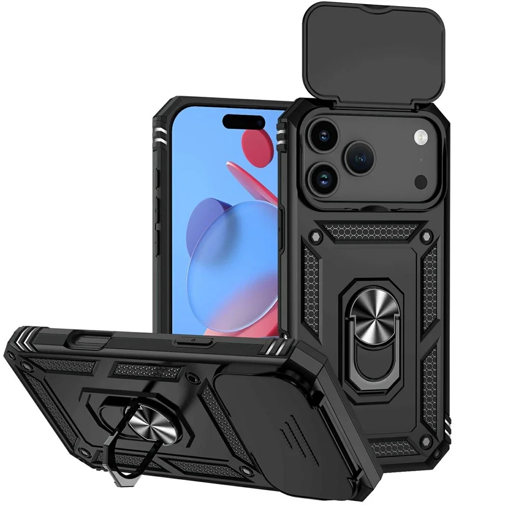iPhone 18 Pro Deksel med kameralinsebeskyttelse og finger-ring, Svart iPhone 18 Pro Deksel med kameralinsebeskyttelse og finger-ring, Svart