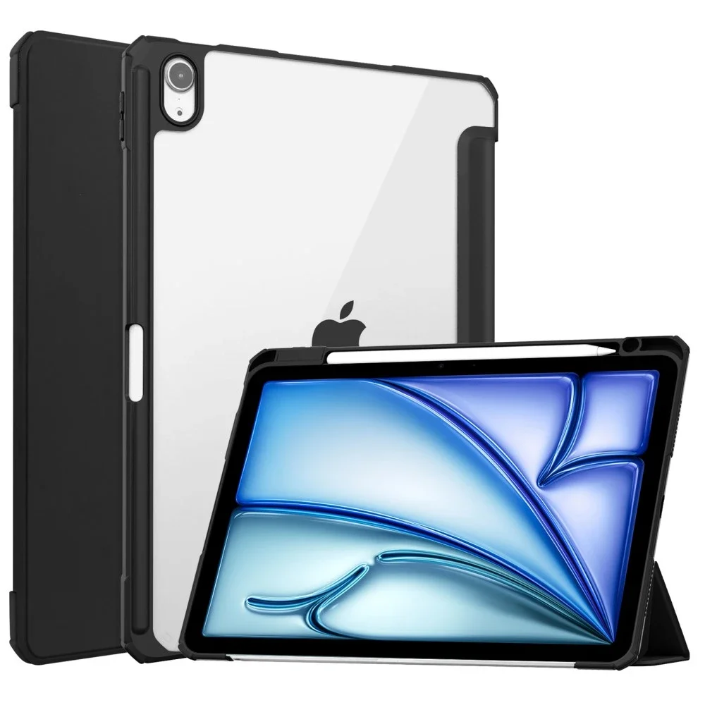 Apple iPad Air 11 7th Gen (2025) Tri-fold etui med pennholder, Svart/gjennomsiktig