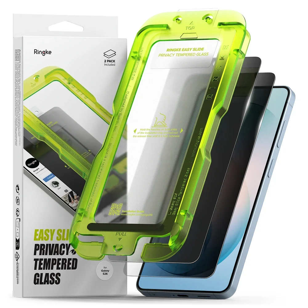 Ringke Samsung Galaxy S26 Anti-spy Skjermbeskytter i glass med monteringsram (2-pack)
