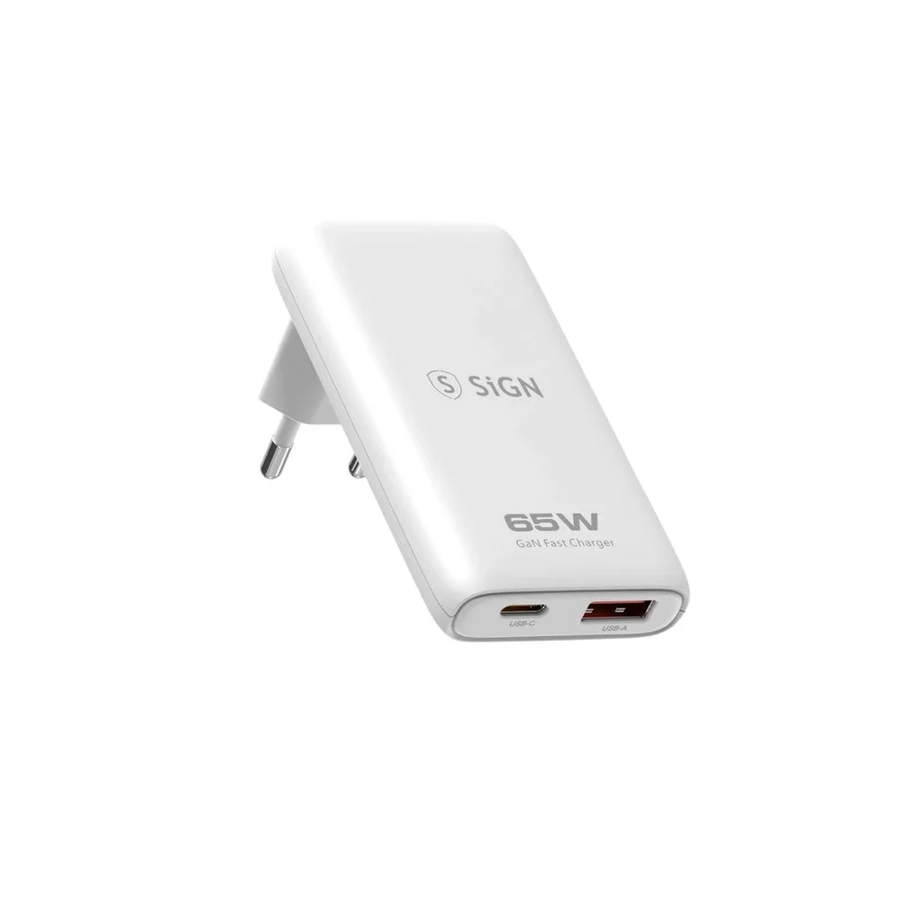 SiGN Sammenleggbar kompakt GaN vegglader USB-C + USB-A 65W, Hvit