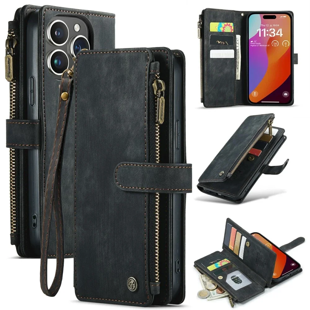 CaseMe iPhone 16 Pro Max Lommeboketui med glidelås, Svart
