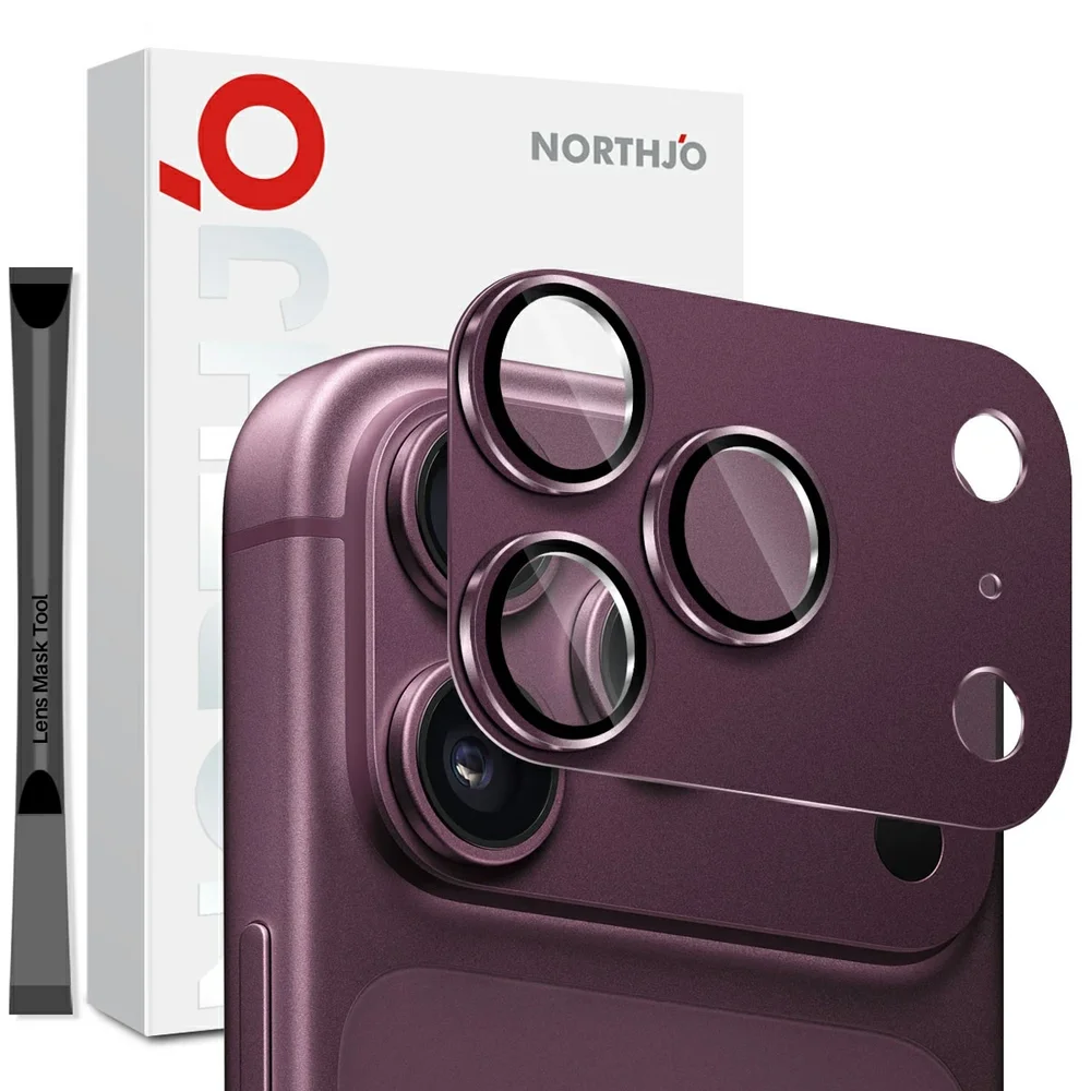 NORTHJO iPhone 18 Pro Max Kamerabeskyttelse herdet glass med metallramme, Dark Cherry