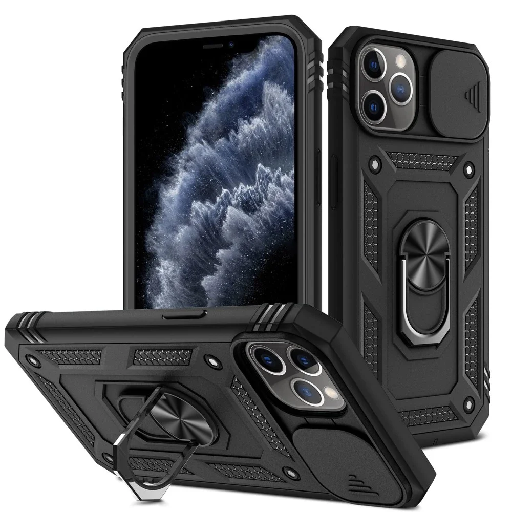 iPhone 11 Pro Max Deksel med kameralinsebeskyttelse og finger-ring, Svart iPhone 11 Pro Max Deksel med kameralinsebeskyttelse og finger-ring, Svart
